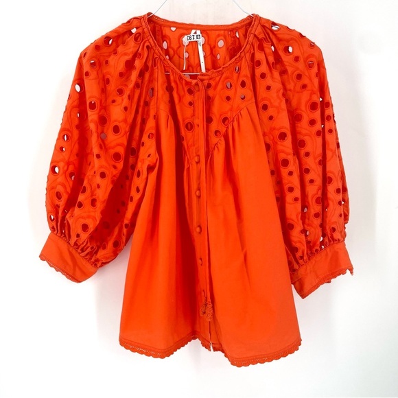 Anthropologie Chantal Eyelet Orange Puff Sleeve Button Down Crochet Tie Blouse - Picture 4 of 9